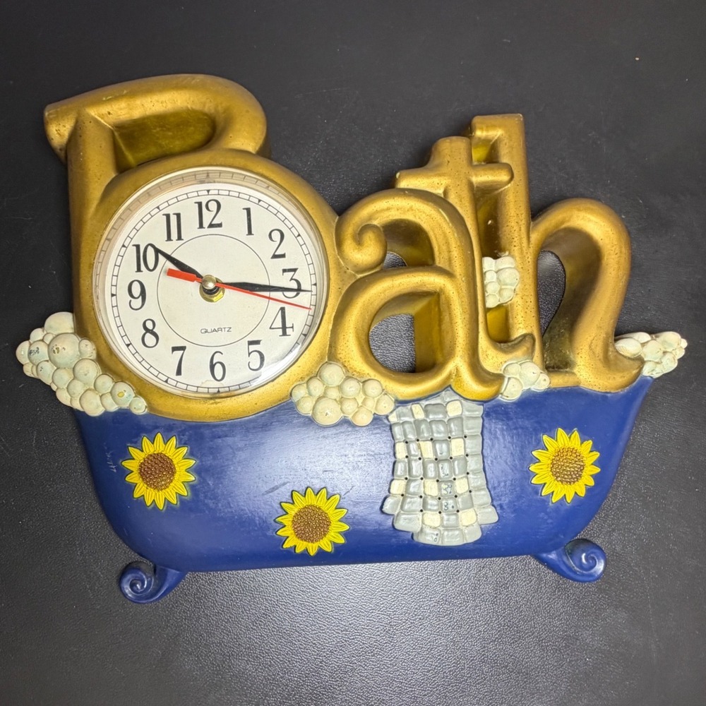 Vintage Bath Wall Clock Navy Gold Sunflower Clawfoot Tub working bubbles works